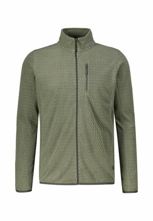 Green patterned jacket with a high collar, full zipper, and a side pocket. Made of textured material with a wavy design, featuring gray accents.