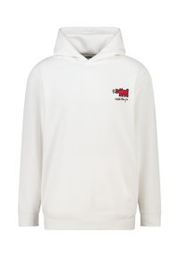 Witte hoodie van zachte stof met een kangoeroezak, geribde manchetten en een geborduurd kleurrijk ontwerp op de borst.