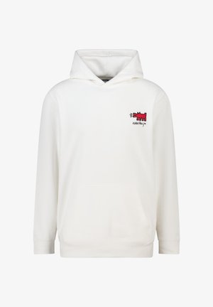 Witte hoodie van zachte stof met een kangoeroezak, geribde manchetten en een geborduurd kleurrijk ontwerp op de borst.