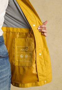 Geltonas nepralaidus vandeniui švarkas su juostele pamušale, vidine kišene ir veržliu. Yra spaudžiamos mygtukai ir prekės ženklo etiketė viduje.