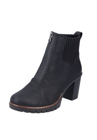 Botas negras hasta el tobillo con parte superior de cuero texturizado, panel lateral elástico, cierre con cremallera y tacón grueso. Suela de goma con dibujo para agarre.