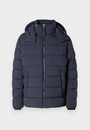 Marineblaue Steppjacke mit abnehmbarem Kapuzen, horizontalem Steppmuster, Frontreißverschluss und seitlichen Taschen. Glatte Textur, isoliertes Design.