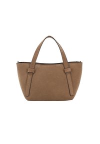 Sac à main en suede marron avec deux poignées courtes, forme arrondie et coutures le long des bords. Fermeture éclair sur le dessus.