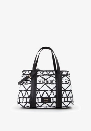Sac fourre-tout à motifs noir et blanc avec deux poignées, une sangle d'épaule réglable et le logo "V°73 Venezia" au centre à l'avant.