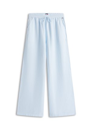 Φαρδιά παντελόνια σε ανοιχτό μπλε με λεπτές λευκές κάθετες ρίγες, ελαστική μέση με κορδόνι και πλαϊνές τσέπες.