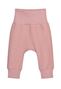 Roze katoenen harempantalons met een geribde tailleband en manchetten, met een ontspannen pasvorm en een gladde textuur. Geen patronen of hardwaredetails zichtbaar.