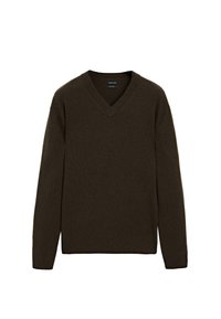 Maglione marrone a collo a V realizzato in un materiale morbido, con maniche lunghe e polsini e orlo a coste. Design classico, versatile per i vari strati.
