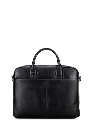 Malette en cuir noir avec double poignée supérieure et une bandoulière amovible. Présente une texture lisse et des accents cousus.