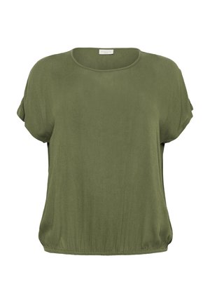 Top de manga corta color verde oliva con cuello redondo y dobladillo fruncido. Confeccionado en una tela suave y ligera con una textura suave.