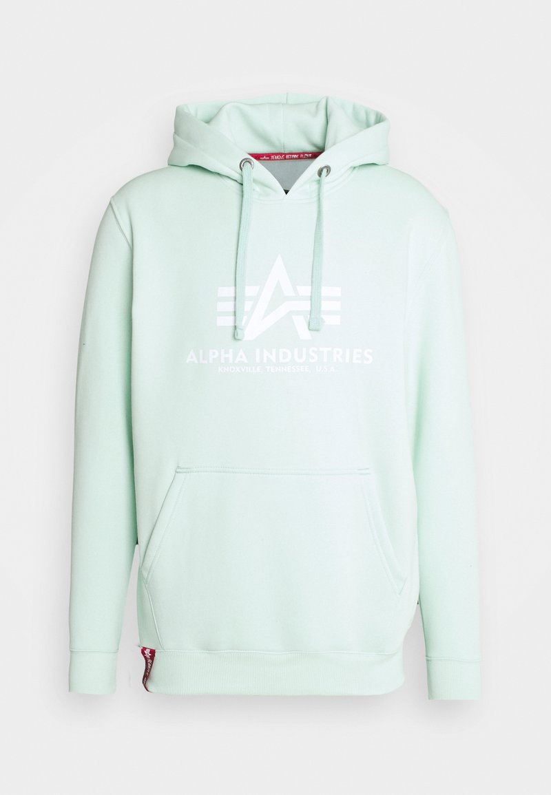 Sweat à capuche vert menthe clair avec poche kangourou, cordons et logo blanc "Alpha Industries Knoxville, Tennessee, U.S.A." sur la poitrine.