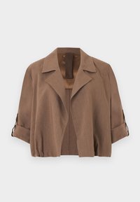 Καφέ κοντό μπουφάν με φαρδιές πέτσες και τρία τέταρτα μανίκια που έχουν γυριστεί προς τα πάνω και στερεώνονται με κουμπιά.