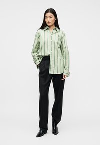 Γυναίκα που στέκεται, φοράει ένα ανοιχτό πράσινο πουκάμισο με κάθετες ρίγες, μαύρο ψηλόμεσο παντελόνι και μαύρα μπότες με μυτερή μύτη, με φόντο ένα απλό φόντο.