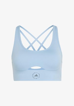 Jasnoniebieski sportowy biustonosz z cienkimi paskami skrzyżowanymi na plecach, wycięciem z przodu poniżej piersi i okrągłym logo umieszczonym na podwójce.