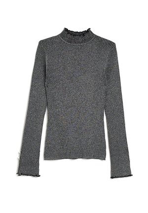 Dunkelgraues, geripptes Langarm-Oberteil aus Strick mit Stehkragen und gerüschten Abschlüssen an Kragen und Bündchen, verziert mit dekorativen Perlenknöpfen an den Ärmeln.