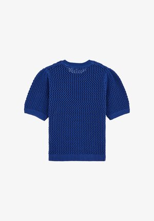 Maglione a maniche corte di colore blu, lavorato a maglia con motivo a trama aperta e testurizzata, con scollo, polsini e orlo a costine, disteso su uno sfondo bianco.