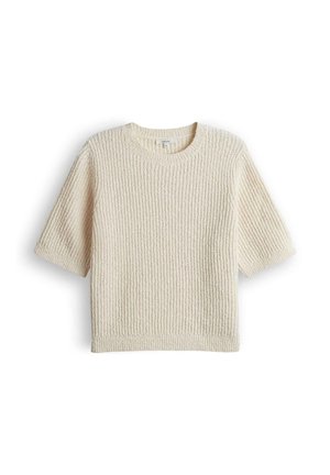 Pull en tricot à manches courtes de couleur crème avec une texture côtelée et un col rond, présenté à plat sur un fond blanc.