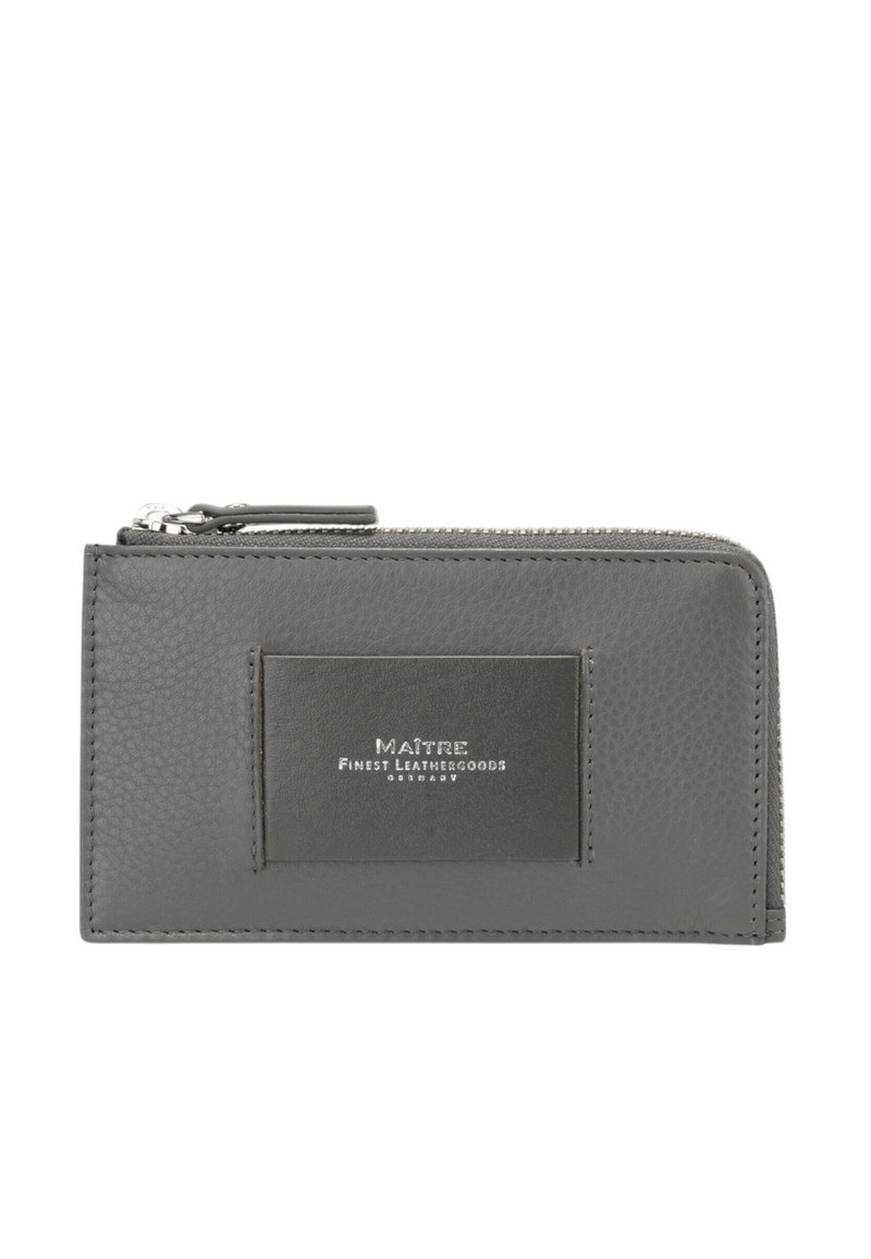 Gray leather wallet with a textured finish, zip closure, and a rectangular brand label on the front.  Features minimalist design and stitching.