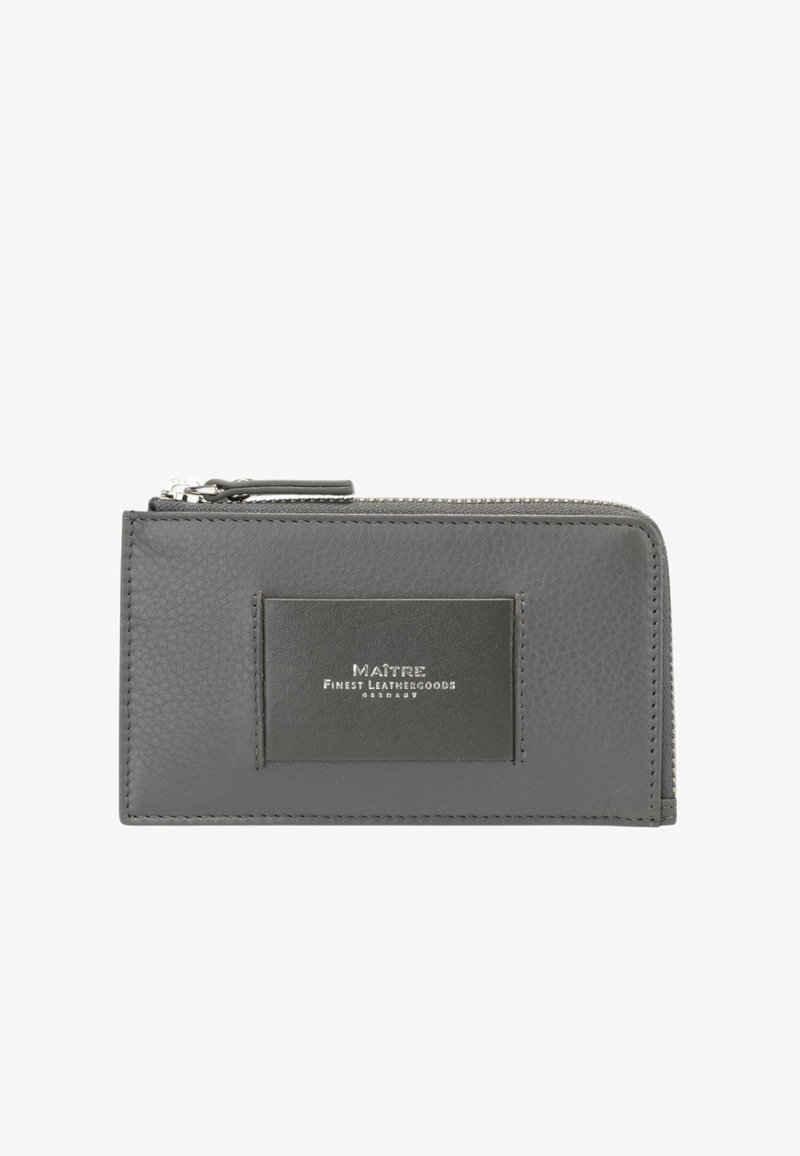 Gray leather wallet with a textured finish, zip closure, and a rectangular brand label on the front. Features minimalist design and stitching.
