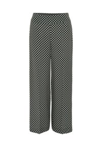 Pantalons à jambes larges en tissu avec un motif géométrique noir et crème en triangles. Ceinture élastique, texture lisse, sans matériel visible.