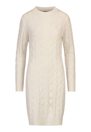 Kabelgebreide sweaterjurk in crème, met een ronde halslijn, lange mouwen en geribbelde accenten bij de manchetten en de zoom. Getextureerd diamantpatroon.