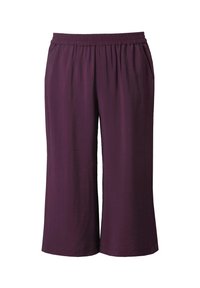 Pantalon large court violet avec taille élastique et poches latérales, en tissu léger.