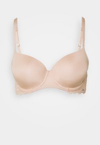 Gevoerd beha in lichtbeige met een gladde stof en kant langs de onderrand. Verstelbare bandjes met een haak- en oogsluiting aan de achterkant.