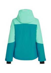 Teal en licht mintkleurige damesjas met een capuchon, met een twee-tone ontwerp, featuring een zwart sportmanchet en een logo op de achterkant.