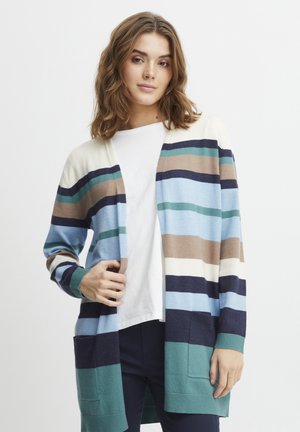 Randig cardigan i mjukt garn, med nyanser av blått, grönt, brunt och cream. Öppen framsida, långa ärmar och två framfickor.