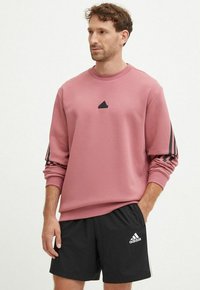 Felpa rosa con un piccolo logo nero sul petto, dotata di maniche lunghe con strisce nere. Abbinata a pantaloni sportivi neri, anch'essi con un logo.
