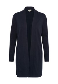 Cárdigan azul marino de corte relajado, con frente abierto, mangas largas y puños acanalados. Fabricado en una tela suave y ligera.