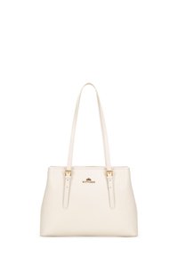 Borsa a tracolla bianca in pelle con componenti in oro, dotata di due manici e chiusura con zip. Texture liscia e design minimale.