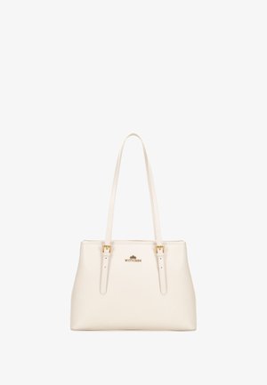Sac fourre-tout en cuir blanc avec quincaillerie dorée, doté de deux poignées de épaule et d'une fermeture zippée. Texture lisse et design minimal.