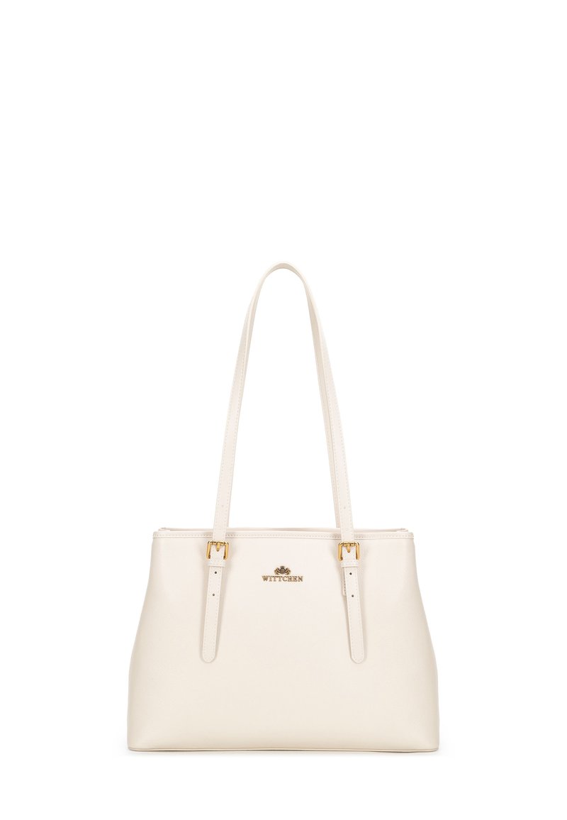 Borsa a tracolla bianca in pelle con componenti in oro, dotata di due manici e chiusura con zip. Texture liscia e design minimale.