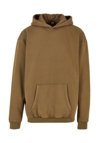 Sudadera con capucha marrón hecha de suave tejido de algodón, con un bolsillo tipo canguro, puños acanalados y una capucha ajustable con cordón.