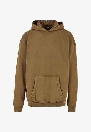 Kahvipunainen huppari, joka on valmistettu pehmeästä puuvillakankaasta. Siinä on kengurutasku, ribbireunat ja säädettävä nyörihuppu.