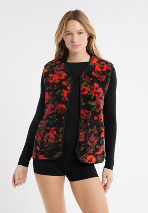 Gilet in pile con base nera, decorato con un motivo floreale in rosso, rosa e verde. Presenta una chiusura con zip e due tasche frontali.