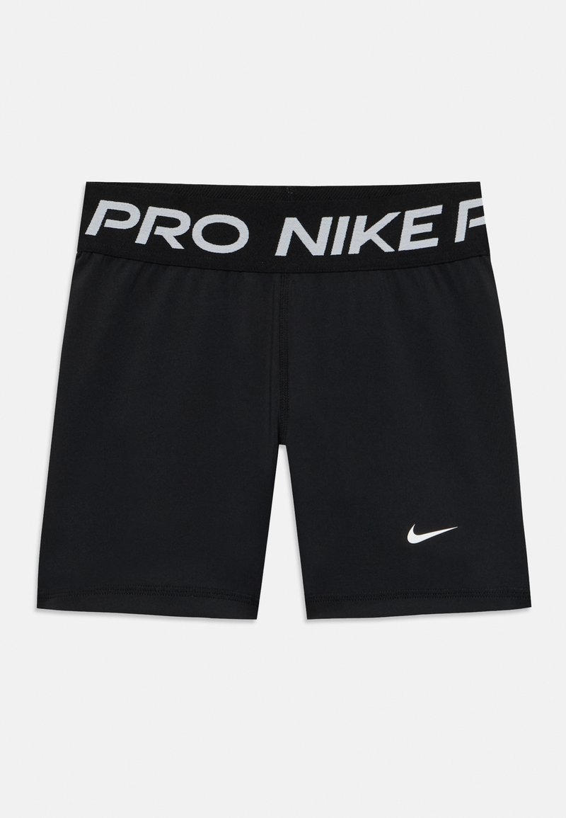 Czarne spodenki sportowe z teksturowanym pasem, na którym widnieje wyraźny napis "PRO NIKE" w białym kolorze. Zawierają małe białe logo Nike na nodze.