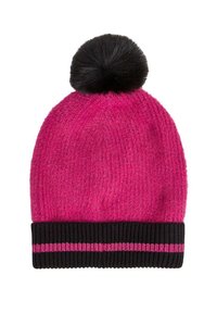 Cappello di maglia rosa con un bordo a coste neri, dotato di un pompon nero sulla parte superiore e di una striscia rosa nel design del bordo. Texture morbida.