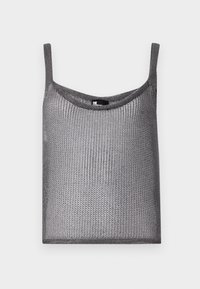 Grå ærmeløs top lavet af et blødt, struktureret strikstof med en løs pasform og rund halsudskæring. Har tynde skulderstropper.