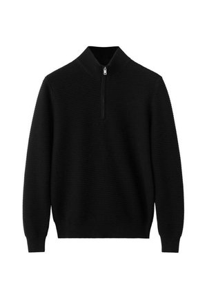 Pull-over texturé noir avec col montant et fermeture éclair. Comprend des poignets et un ourlet côtelés, offrant un ajustement près du corps.
