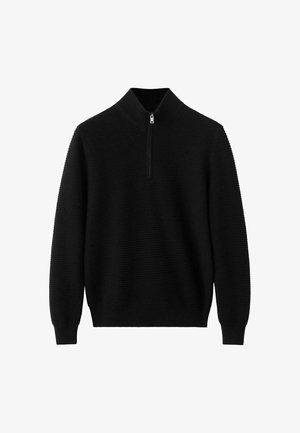 Pull-over texturé noir avec col montant et fermeture éclair. Comprend des poignets et un ourlet côtelés, offrant un ajustement près du corps.