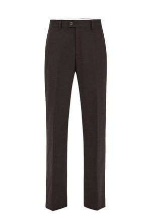 Donkerbruine op maat gemaakte broek met een knoop en riemlussen, met een recht model en een vouw aan de voorkant.