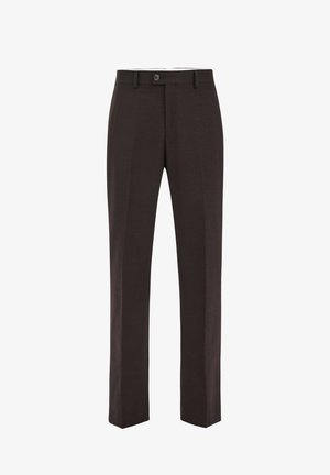 Donkerbruine op maat gemaakte broek met een knoop en riemlussen, met een recht model en een vouw aan de voorkant.