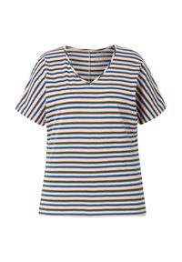 T-shirt a maniche corte a righe con scollo a V. Presenta linee orizzontali in blu, giallo, bianco e marrone. Tessuto morbido con vestibilità comoda.