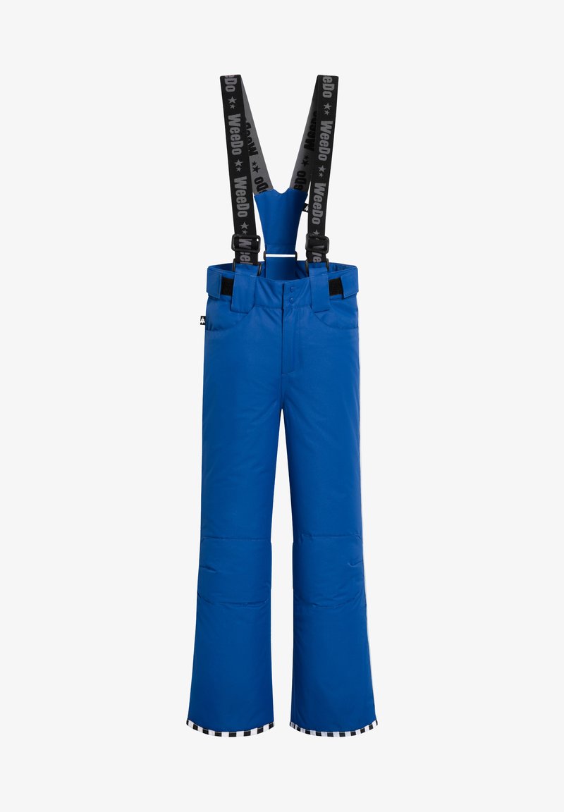 Blå isolerade skidbyxor med justerbara svarta hängslen, med en slät textur och randig kant vid fållen.