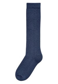 Strumpf bis zum Knie in einem satten Marineblau mit einem strukturierten Muster, geripptem Bund und glattem Finish.