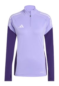 Light purple athletic top with long purple sleeves, zip collar, and white accents. Made from moisture-wicking material, featuring a fitted design.