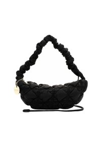 Borsa nera trapuntata con forma arrotondata, texture imbottita, manico intrecciato e un accento a catena removibile. Incluso un manico regolabile.