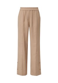 Beige, lightweight, elastic waistband trousers with a straight fit, side pockets, and button accents at the hem. Soft texture and smooth finish.