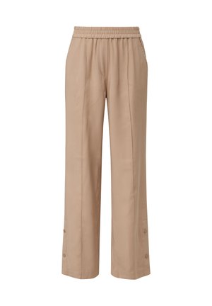 Beige, leichte Stoffhosen mit elastischem Bund, geradem Schnitt, seitlichen Taschen und Knopfverzierungen am Saum. Weiche Textur und glatte Verarbeitung.